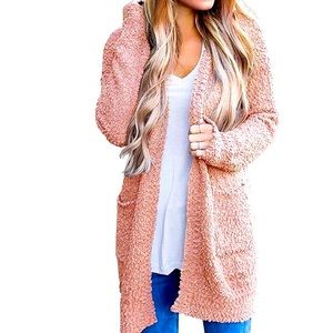 Merokeety Popcorn Textured Long 2 Pocket Sweater Cardigan - Blush Pink - Size S
